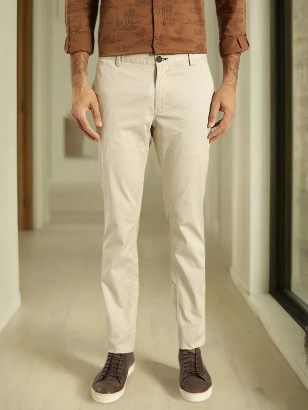 Indian Terrain Men's Slim Fit Printed Beige Trousers